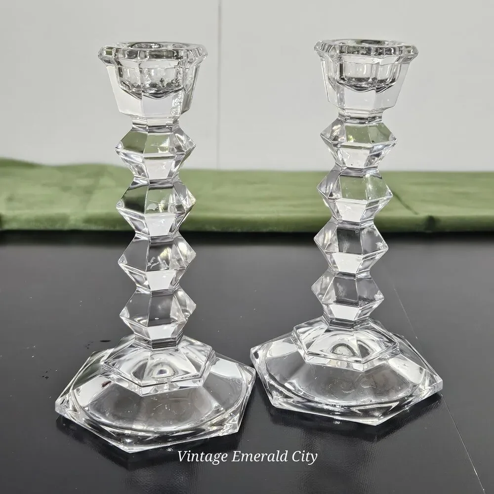 Vtg MIKASA Crystal Clear JewelStone Pattern Candlestick Candle Holder Set of 2